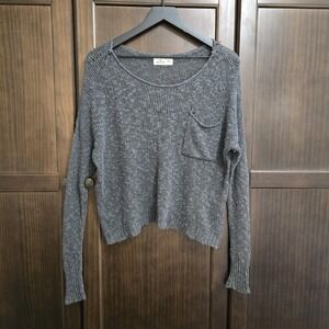 Hollister Crop Top Long Sleeve Open Knit Sweater Boat Neck Rolled Hem Grey S/M